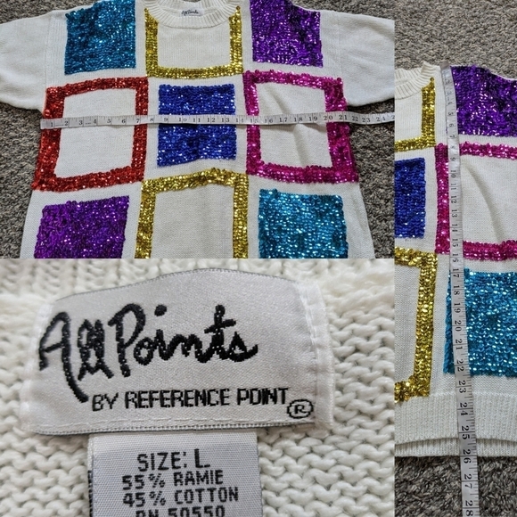 NWT All Points Dead stock white colorful sequin short sleeve sweater L - Picture 6 of 9